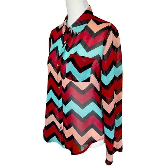 Charlotte Russe Chevron Multicolored Button Down Long Sleeve Top SMALL - Picture 2 of 10